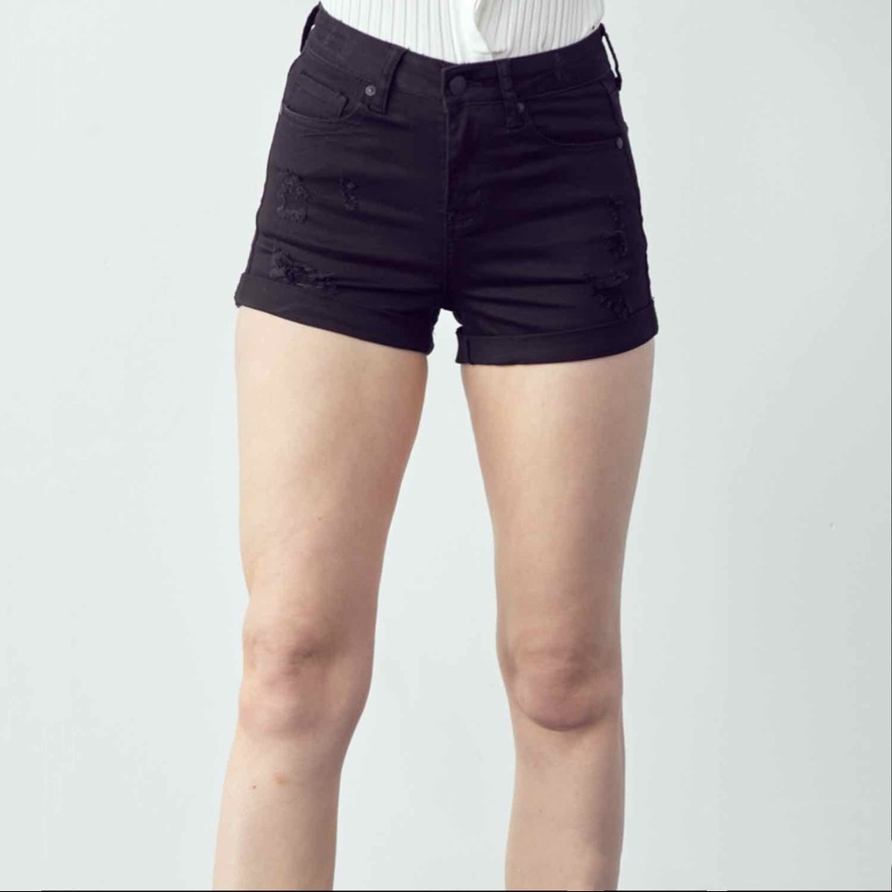 Papaya black denim high rise roll up jean shorts